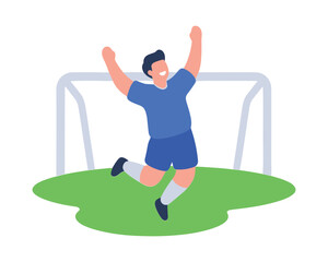 Fototapeta premium Soccer player celebrating goal on field. Athlete in blue kit celebrating a goal in front of a soccer net