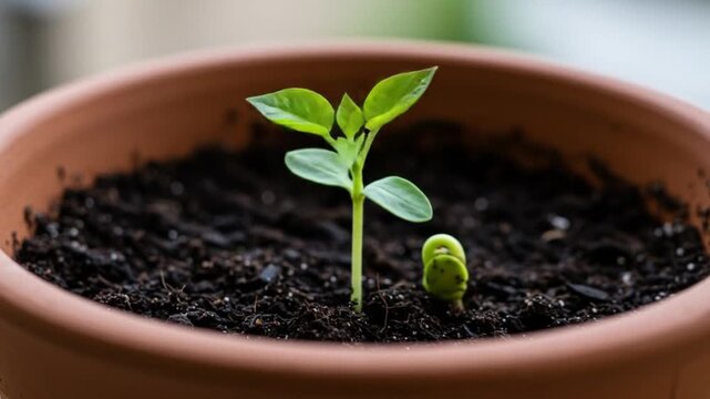 a small plant seedling growing in rich soil within a terracotta pot, symbolizing new life and potential