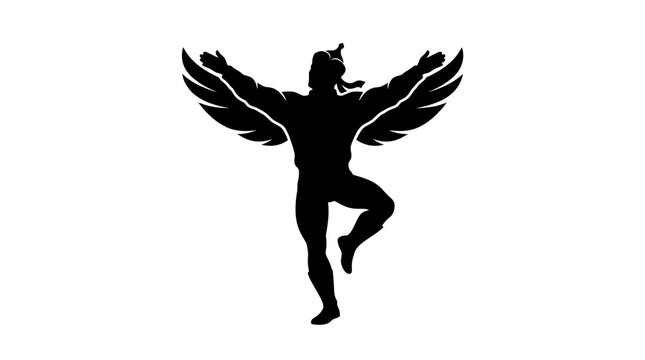 A winged dancer performs a graceful move with outstretched wings and legs.