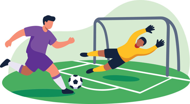 Soccer striker shooting ball at diving goalkeeper. Football striker shooting ball at goal with diving goalkeeper