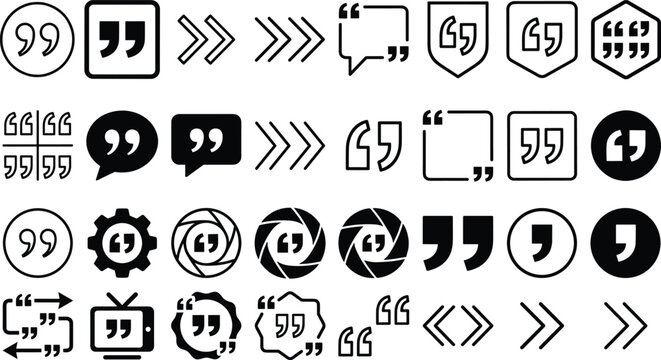 Quote Mark and Citation Icon Collection Featuring Speech Bubbles Quotation Symbols Navigation Arrows and Communication Elements Vector Set