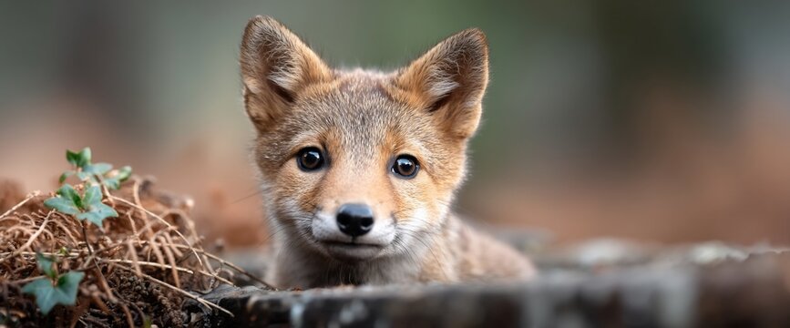 Cute coyote pup peers out, with big eyes, from a blurred forest background