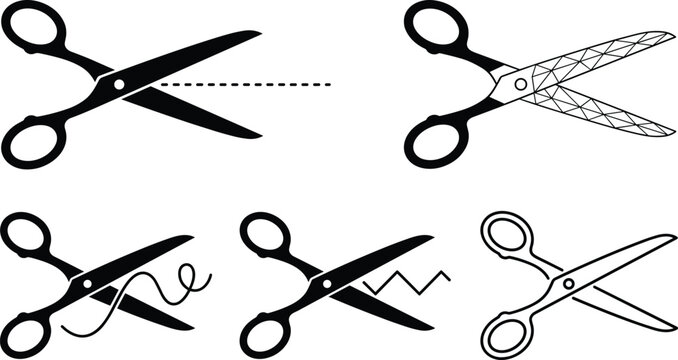 Scissors Icon Collection Featuring Cutting Tools Dashed Cut Lines and Craft Design Symbols Vector Set