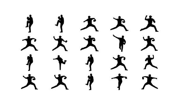 Modern baseball pitcher throwing silhouette collection with 20 black and white vector poses