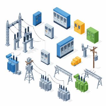 Electrical power distribution substation equipment isometric illustration.