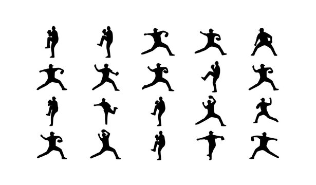 Premium baseball pitcher logo silhouettes with 20 unique throwing action vector illustrations