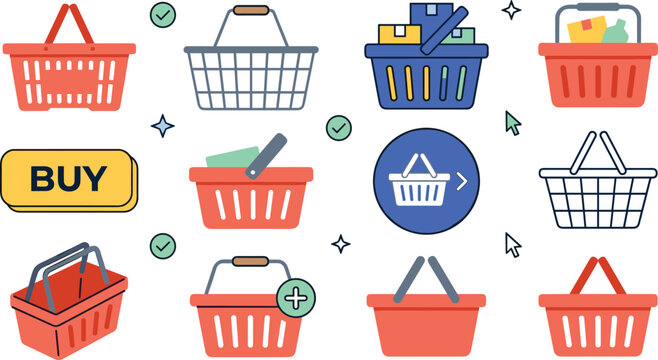 Shopping basket and online purchase icon collection with retail cart checkout and ecommerce vector illustrations