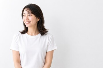 Fototapeta premium 白Tシャツ女性の横向きポートレート