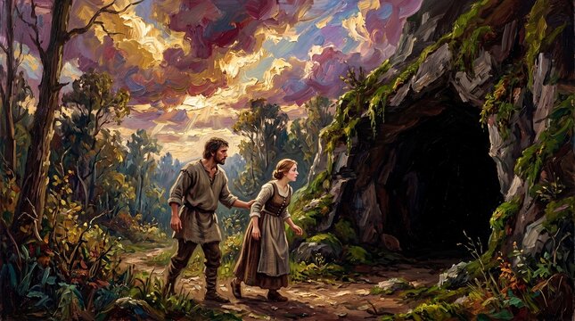 A man and woman in rustic clothing cautiously approach a dark cave entrance in a lush forest under a dramatic sky. This textured painting conveys exploration and the unknown.