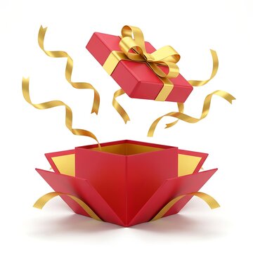 Red gift box with golden ribbon opening with golden ribbons and confetti flying out isolated on white background, surprise concept, celebration, gift reveal, festive.