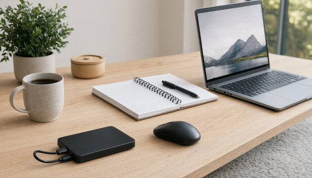 A workspace featuring a laptop with a mountain landscape wallpaper, a spiral notebook, a black computer mouse, a coffee mug, and a hard drive