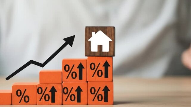 A conceptual image illustrating rising housing prices and interest rates with stacked blocks, percentage signs, an upward arrow graph, and a house icon