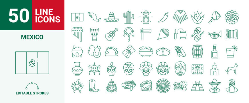 Mexico cultural line icons set vector illustration editable stroke