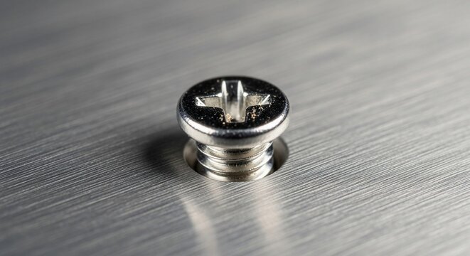 Close up macro shot of a metal screw head fastened into a brushed steel surface.