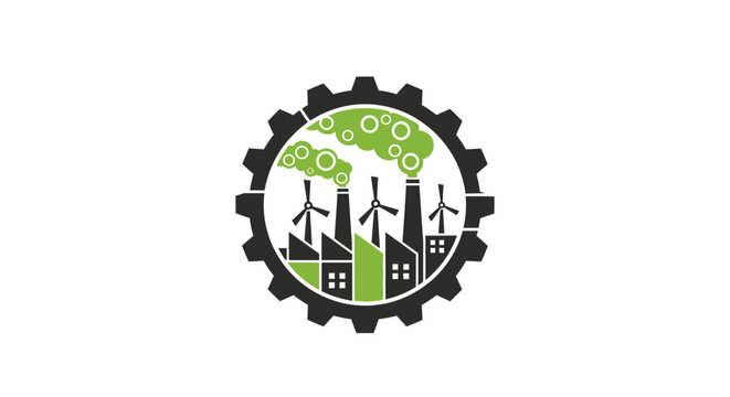 Eco-Friendly Industrial Gear with Wind Turbines and Green Smoke.
