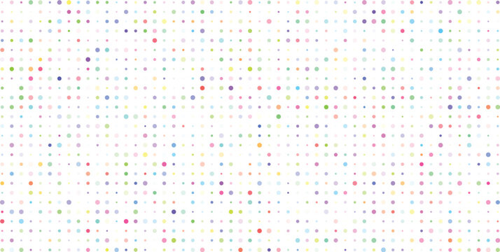 A rectangular grid pattern featuring small, multicolored circles in pastel and vibrant hues, arranged in uniform rows and columns against a stark, solid white background, for a minimalist look