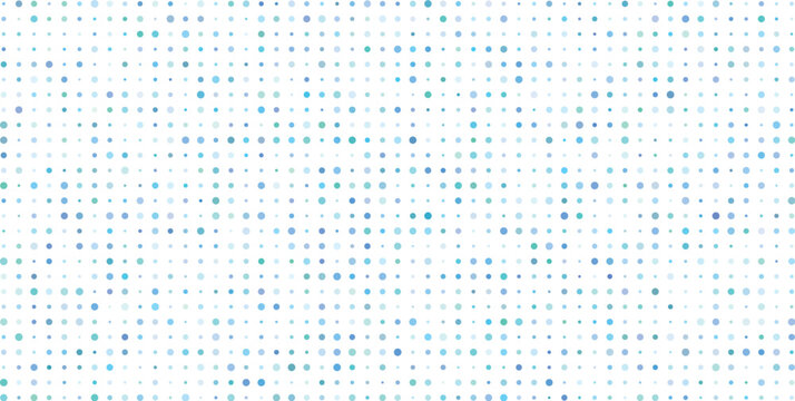 Rectangular grid pattern composed of varying sizes of circles in shades of blue, teal, and light cyan, arranged in a repeating horizontal and vertical layout against a clean white background field