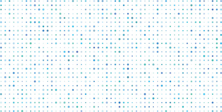 Geometric pattern of small circles in shades of blue, teal, and light cyan arranged in a structured grid formation against a clean white background, creating a soft, repeating dot matrix texture