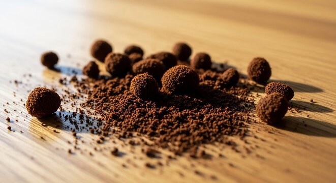 A pile of dark chocolate truffles scattered on a wooden table surface.