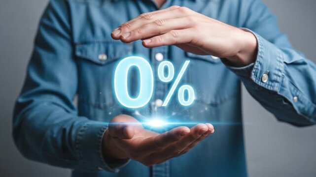 a person holding glowing 0% interest symbol between his hands. The person wears a denim shirt and the symbol is surrounded by sparkles, representing opportunity and low cost