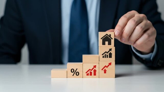 a man in a suit arranging wooden blocks depicting growth charts, percentage signs, and a house, symbolizing financial progress and investment