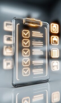 Futuristic transparent clipboard with glowing neon checkmarks and to-do list, symbolizing task completion and digital planning.