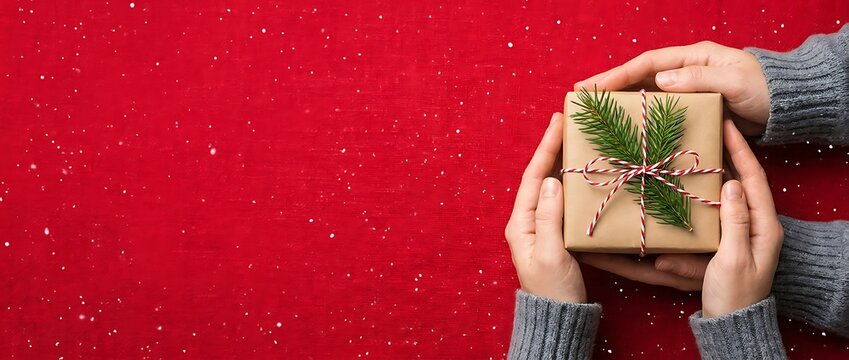 Hands holding christmas gift wrapped in brown paper and tied with red white string with pine sprig and snow on red textured background with copy space.