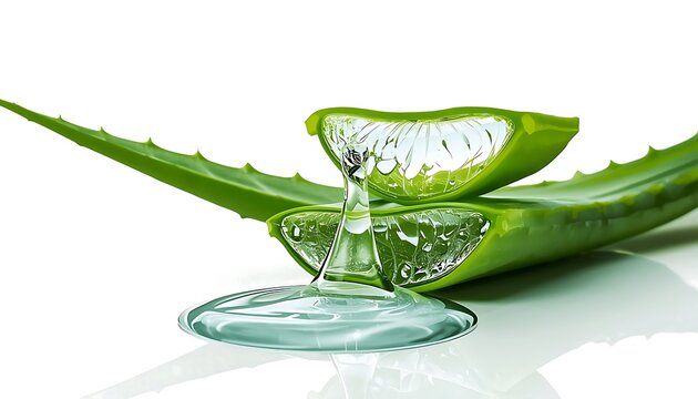 aloe vera leaves cut open, translucent glossy gel oozing from the inner part, droplet forming a small pool below, bright green outer skin contrasting with clear gel