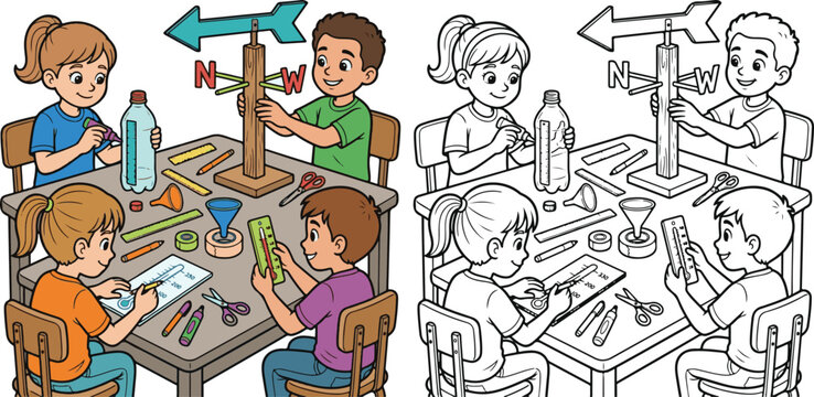 student boy girl kid children building weather station preparing instruments learning technology stem using tools cartoon clipart and lineart print vector illustration for color coloring book
