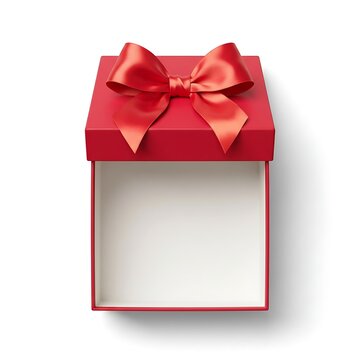 Top view of an open red gift box with a perfect satin ribbon bow on a clean white background, ready for a special surprise or celebration.
