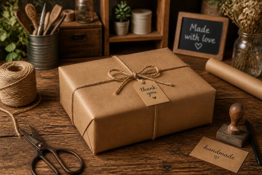 Wrapped brown paper gift tied with twine on wooden table