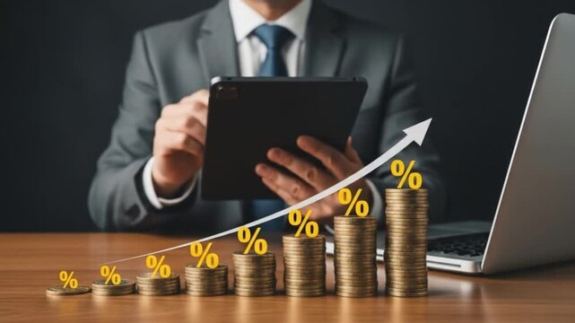 a businessman reviewing financial data on a tablet with a laptop and stack of coins symbolizing financial growth. The increasing stack of coins is marked with percentage symbols.