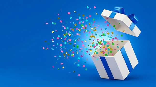 Open gift box exploding with colorful confetti and streamers against a vibrant blue background celebrating a joyous surprise party or festive special occasion.