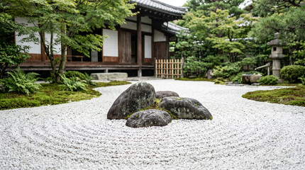 Fototapeta premium Serene Zen Rock Garden with Perfectly Raked Sand