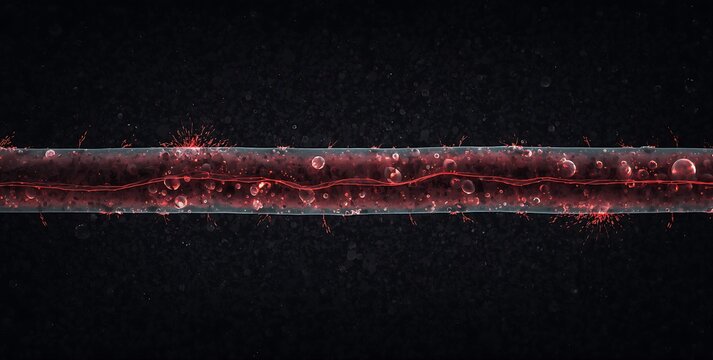 Microscopic blood vessel with flowing erythrocytes, human cardiovascular circulation anatomy