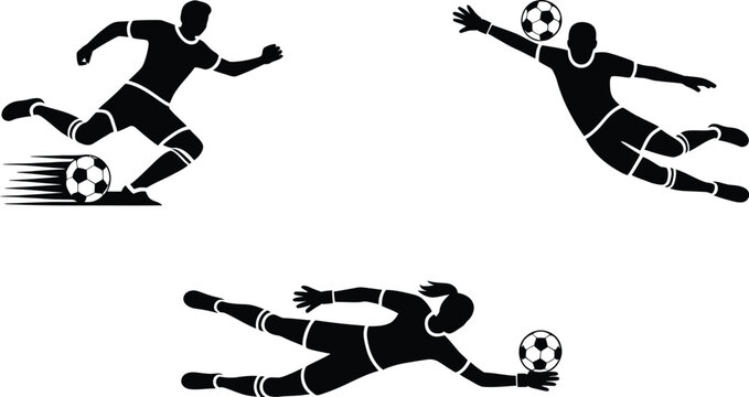 Soccer players in dynamic action, one kicking a ball, another diving, and a third player making a save