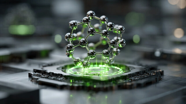 Concept molecular assembler device with levitating neon holographic schematics advanced nanotechnology lab environment futuristic molecular engineering visualization and nanoscale innovation