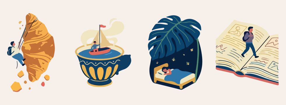 Surreal ship sailing, dreamy monstera leaf, night sleeping concept, whimsical ocean voyage, fantasy adventure illustration, artistic bedtime scene, creative night atmosphere, calm imaginative journey
