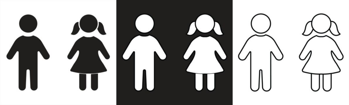 Girl and boy icons set. Children silhoutte. Kids icon flat and outline style - stock vector.