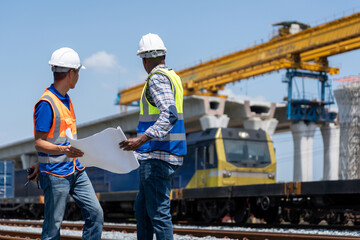 Civil engineers discussing construction plans at railway infrastructure project, Professional railway engineers reviewing blueprints at construction site, Engineers inspecting rail transport project © iPoguz