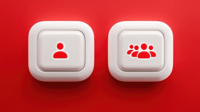 Two illuminated white buttons with red icons representing a single person and a group of people on a red background
