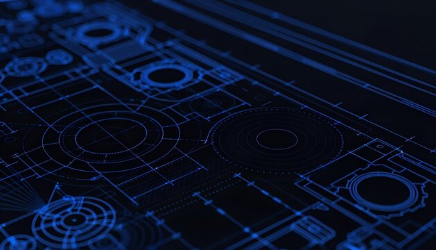 Abstract technical blueprint background with glowing blue mechanical engineering drawings and circular schematics