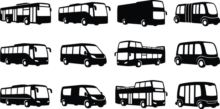 Public Transport Vehicle Silhouette Collection with Buses Coaches Shuttle Vans and Urban Transit
