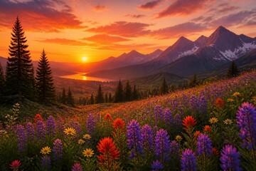 Fototapeta premium Wildflower meadow blooming at sunset in mountain valley