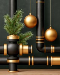 Obraz premium Festive industrial valves and pipes decorated with gold Christmas baubles and pine branches