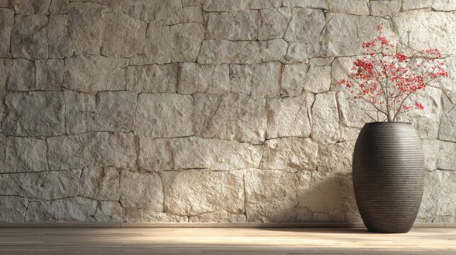 Rustic stone wall with modern vase and red berries offers interior design inspiration.