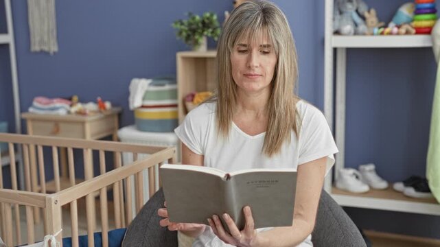 Middle aged blonde woman reading a book, hands visible holding the open book while seated beside a wooden baby cradle in a building; maternal calm bonding.