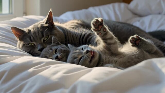 A beautiful gray mother cat cuddling next to her two kittens in a white soft cat bed indoors with sunlight coming through a window in the background