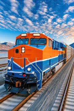 Bright orange and blue freight locomotive racing along rail tracks with dramatic sky and mountains