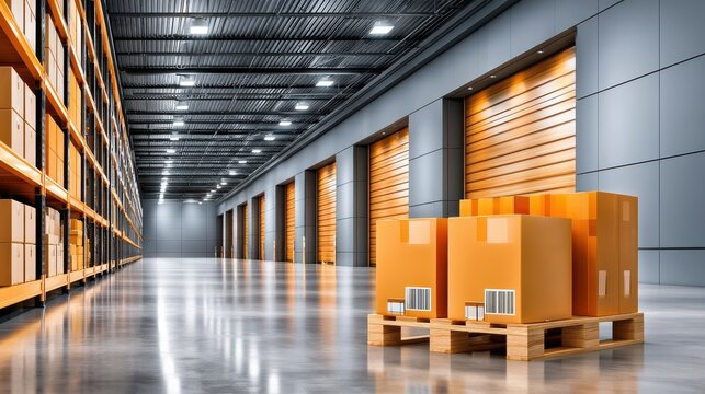 Spacious modern warehouse interior with stacked boxes on pallets and long shelving aisles